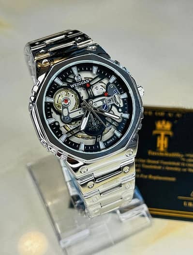 Weiguan Silver Steel Skeleton Dial Watch
