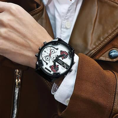5.5cm Big watches for mens leather band date quartz wrist watch