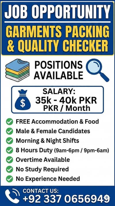 Garments Packing & Quality Checker Staff Required