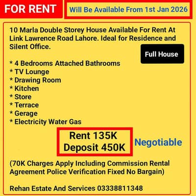10 Marla Double Storey House For Rent At Lawrence Road Lahore