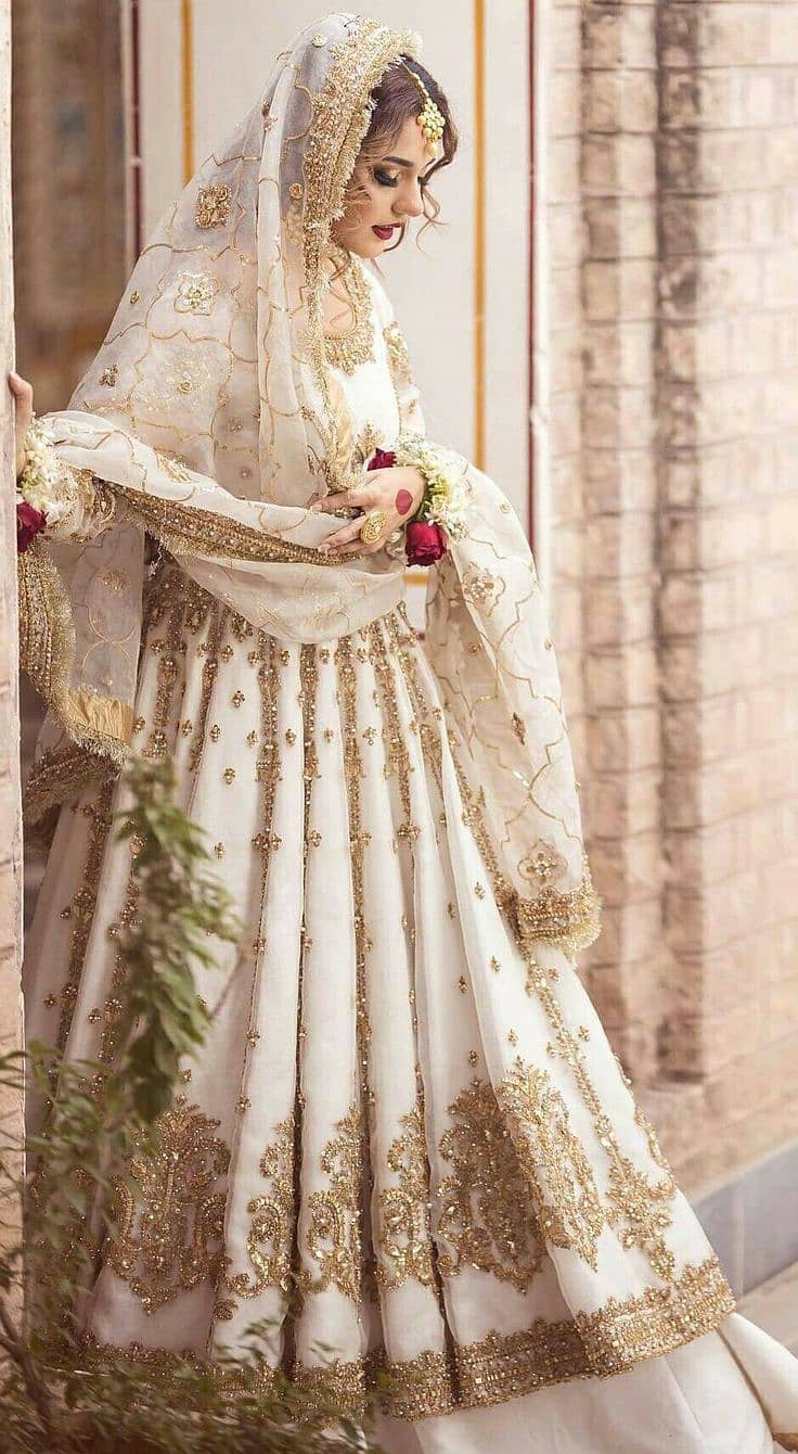 Bridal Dress | Walima Dress| Nikkah Dress | Elegant Ivory & Gold Maxi -  Bridals - 1109563999