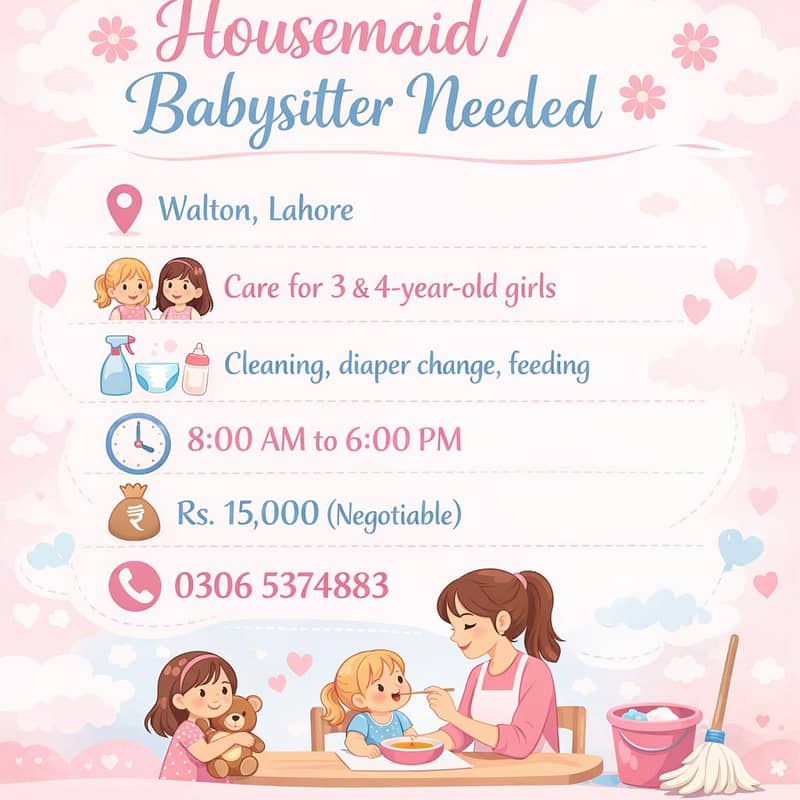 خاتون ہاؤس میڈ / چائلڈ کیئر ٹیکر درکار ہے – والٹن، لاہور 0
