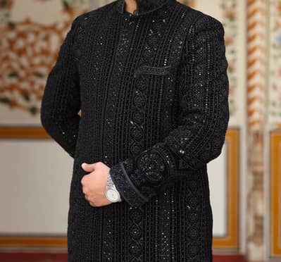 Jet Black Fully Hand worked Sherwani