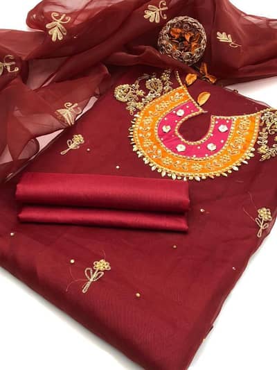 3 PCs organza unstitched embroidered suit
