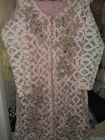 4 piece small size light baby pink embroidered dress