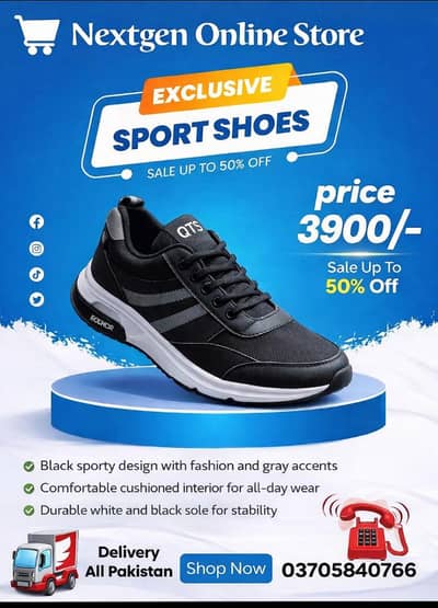 QTS Men’s Sport Sneakers – Black Casual Shoes
