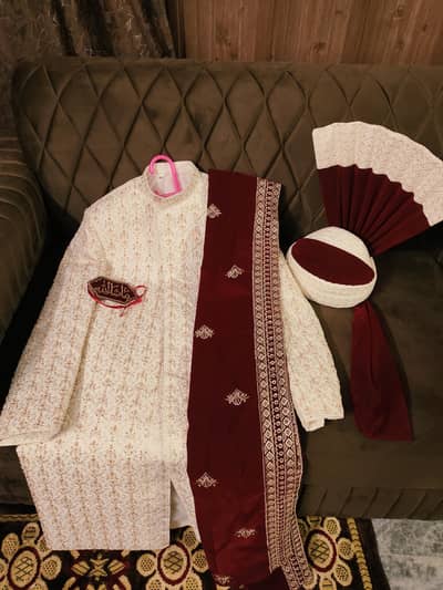 Sherwani Barat with turban, khussa, shawl Complete Set