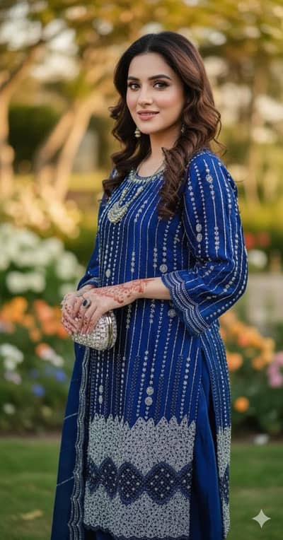 Korean silk stone worked dress three piece for events