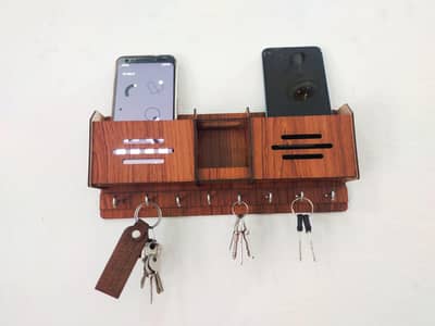 Wooden Mobile Holder With KeyChain Hooks