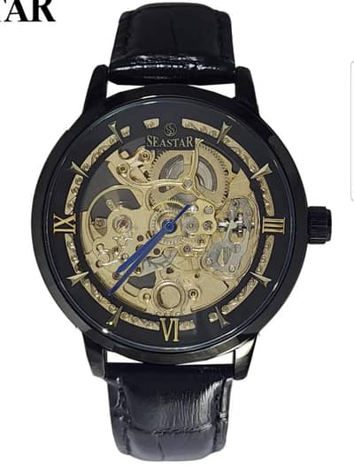 Seastar Automatic Skeleton Design Leather Strap Men's Watch Stylish