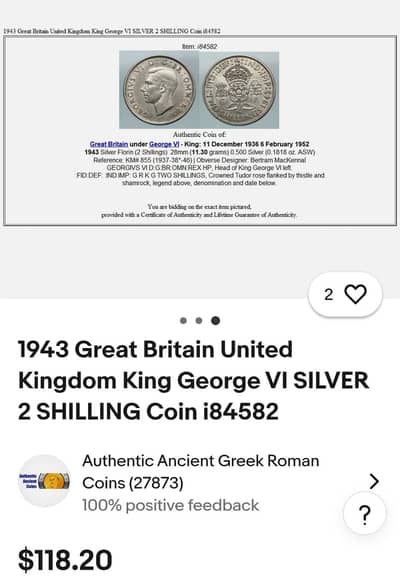 1944 Great Britain two shillings coin Silver