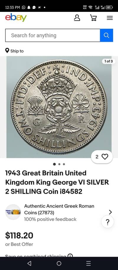 1944 Great Britain two shillings silver coin