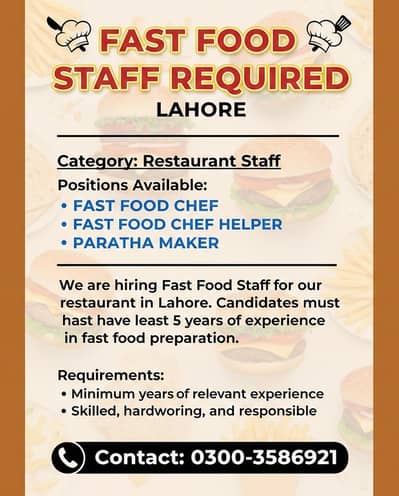 Fast Food Chef || Fast Food Chef Helper || Paratha Maker Jobs