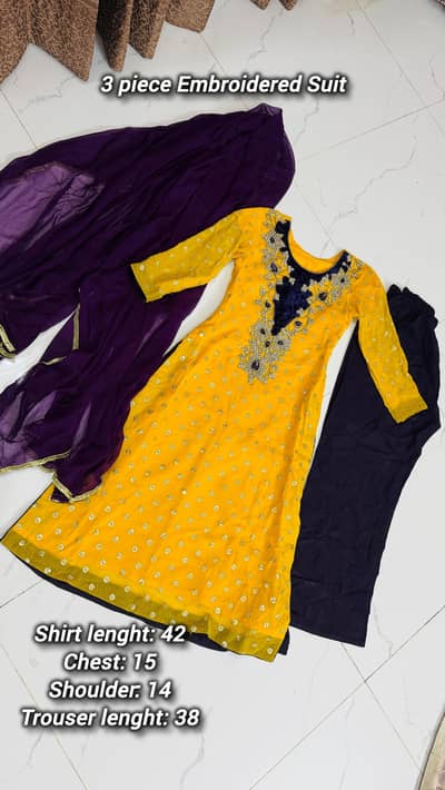 3 piece Embroidered Suit in Yellow or purple color