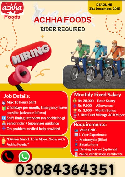 Achho Food Delivery Riders Required || Rider Jobs (Delivery Boy Jobs )