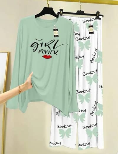 2 pcs womens stitched cotton jersey printed night suit.