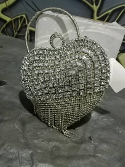 double sided stone bridal heart shape clutch with tassels