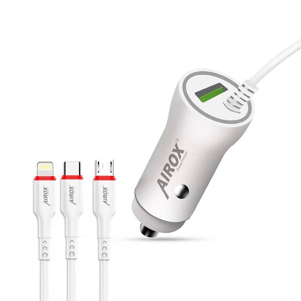 Airox 16W Car Charger Adapter with Built-in Micro USB, Lightning, and Type C Cables
