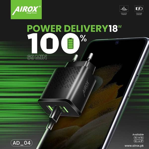 Airox 18W PD Fast Charging Adapter with 1 Qualcomm USB Port