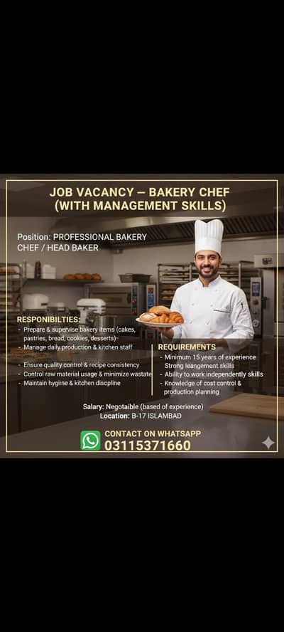 Bakery Chef (with Management Skills) Required