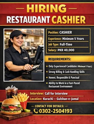 Hiring Experienced Restaurant Cashier – Gulshan-e-Jamal (Karachi)