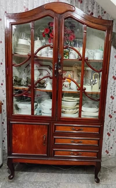 wooden crockery cupboard  with glass  doors and drawers