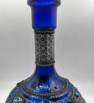 Turkish Cobalt Blue Bottle With Silver Metal Decor