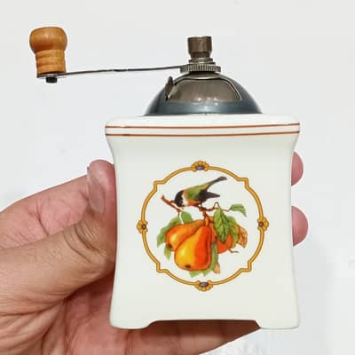 1970s Souvenir Ceramic Manual Coffee Grinder Featuring a Bird and Pear