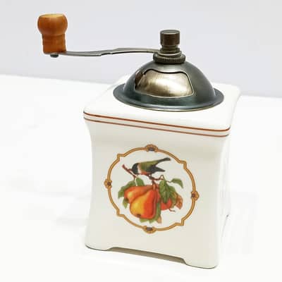 1970s Souvenir Ceramic Manual Coffee Grinder Featuring a Bird and Pear