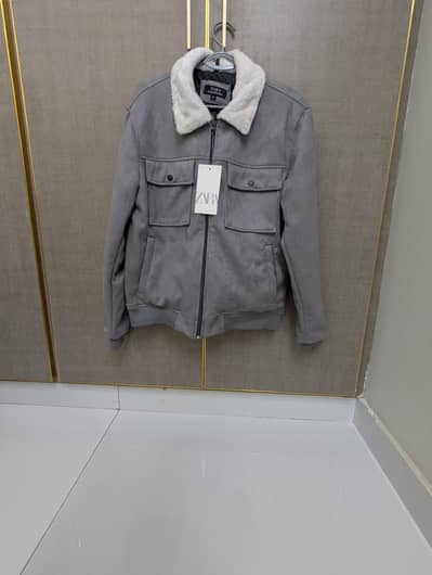 brand new suede jacket grey colour with white fur color