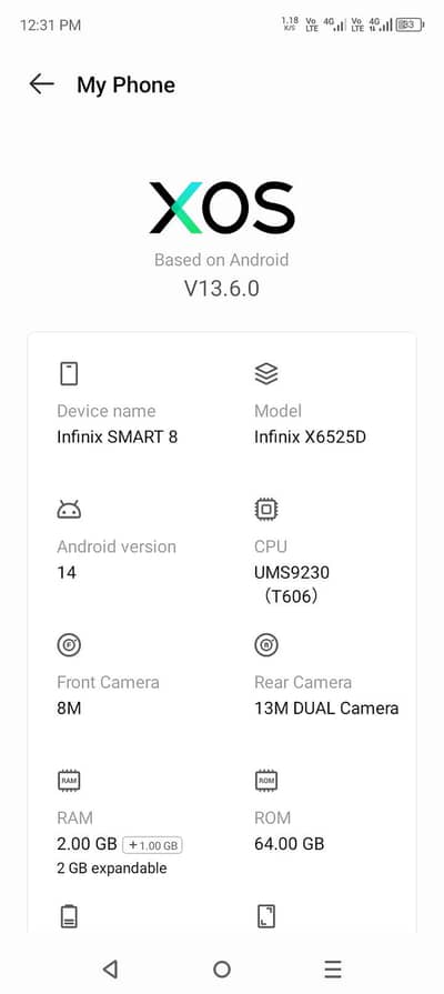 infinix smart 8 4GB ram and 64GB memory