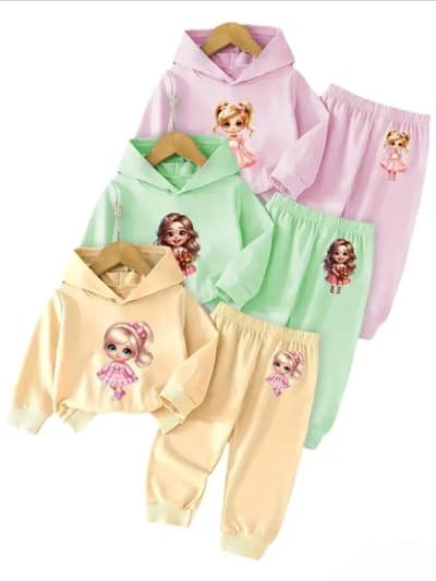 2 Pcs Girl's Fleece Printed Hoodle Tracksuit