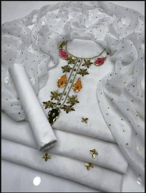 3-Piece Dress – Handmade Paper Cotton Shirt with Kundan & Bindi Work Dupatta & Kattan Silk Trouser