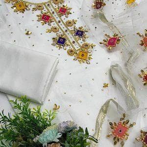 3-Piece Formal Dress – Embroidered Shirt with Heavy Indian Organza Dupatta & Kattan Silk Trouser