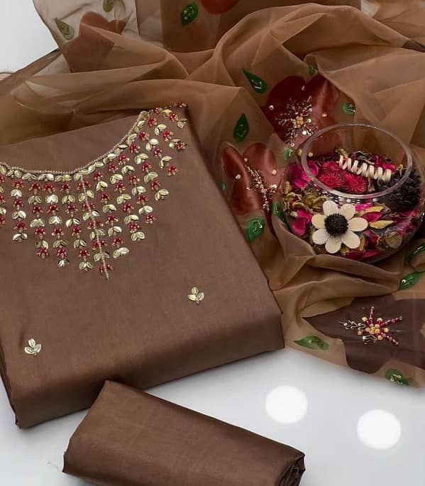 3-Piece Kattan Silk Unstitched Dress – Handwork Shirt with Hand-Painted Organza Dupatta