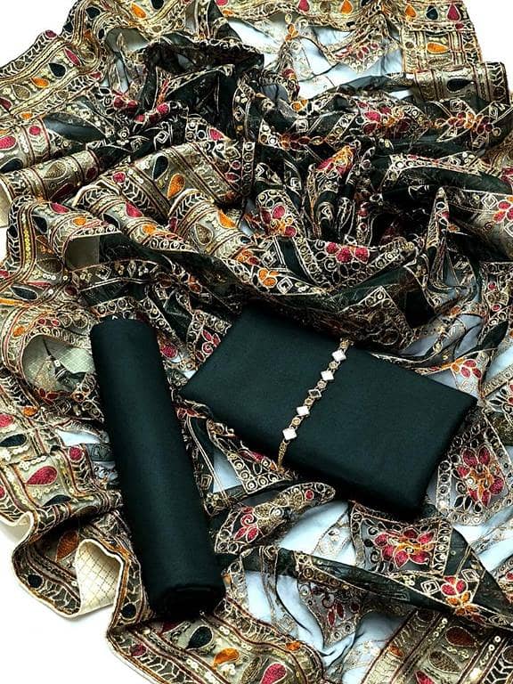 3-Piece Kattan Silk Dress with Heavy Indian Embroidered Organza Dupatta + Neckline Gift | Formal & Party Wear