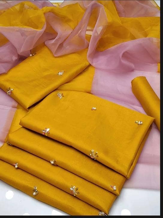 3-Piece Pure Organza 2-Color Dupatta Dress with All-Over Handwork | Kattan Silk Shirt & Trouser