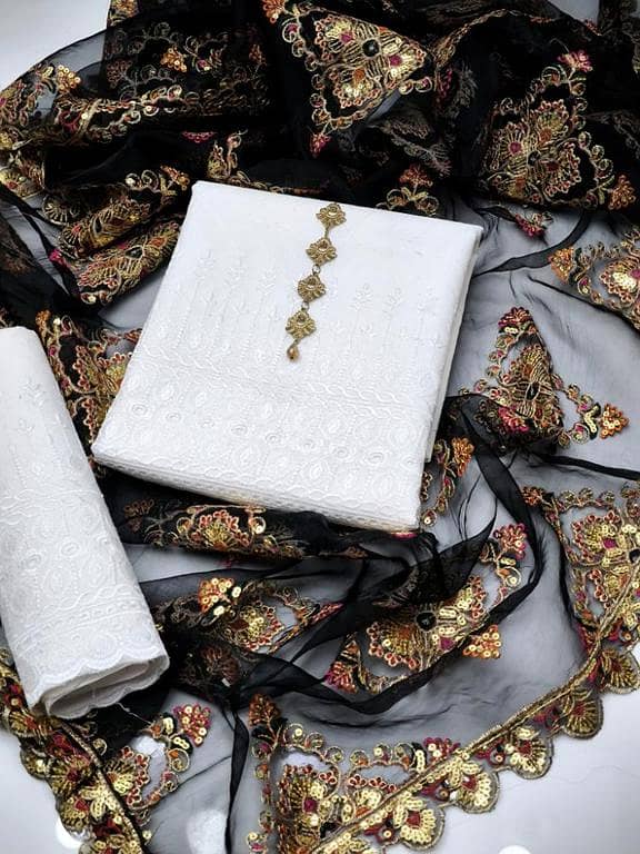 Summer 3 Pc Unstitched Chicken Embroidered Dress for Women & Girls – Cotton Chickenkari Suit with Organza 5MM Sequence Dupatta + Mirror Neckline Gift