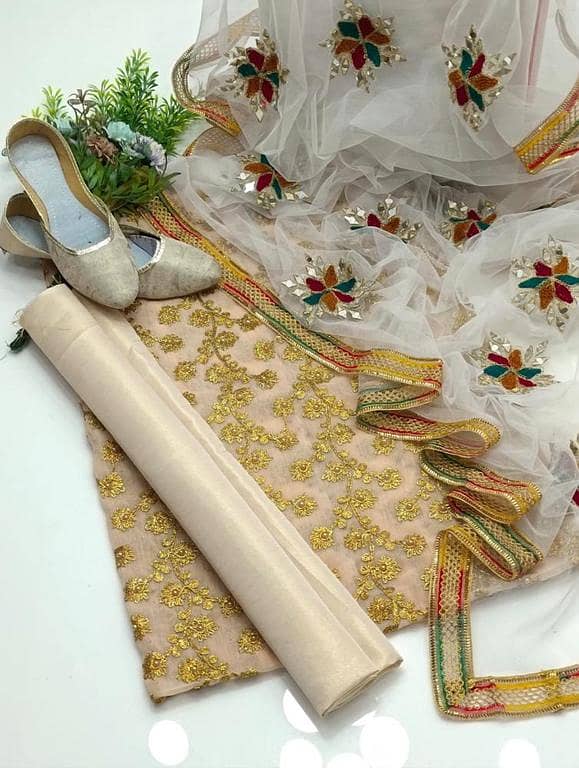 3 Pc Unstitched Fancy Dress for Women – Crinkle Chiffon Pearl Embroidered Shirt, Masoori Trouser & Net Dupatta with Mirror Work + Free Khussa