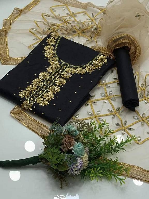 3PC Pure Handmade Dress – Kattan Silk Shirt with Crystal & Kundan Work, Net Dupatta with Mirror & Gotta Lace, Plain Kattan Trouser