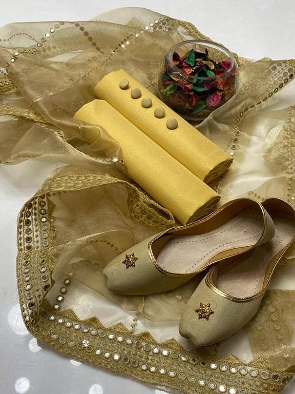 4-Piece Kattan Silk & Organza Dress with  Foil Work Dupatta + Free Gifts