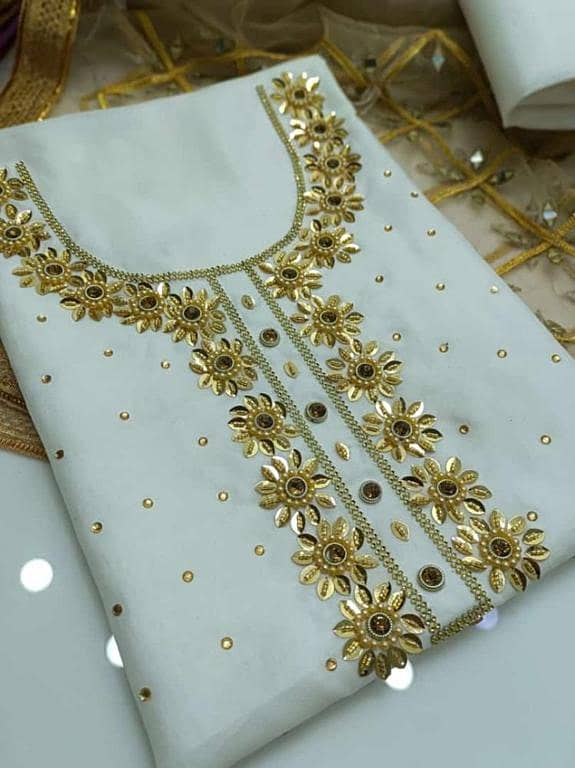 4PC Handmade Luxury Dress – Kattan Silk with Moti & Kundan Work, Net Mirror Dupatta + Khussa Gift