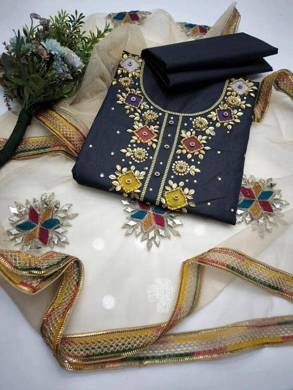 4PC Heavy Pure Handmade Dress – Kattan Silk with Moti Crystal & Kundan Work, Net Mirror Dupatta + Plain Trouser