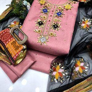4PC Pure Handmade Dress-Kattan Silk Shirt With Moti, Sitara & Kundan Work. Mirror Work Net Dupatta, Plain Trouser & Chunri Clutch Gift