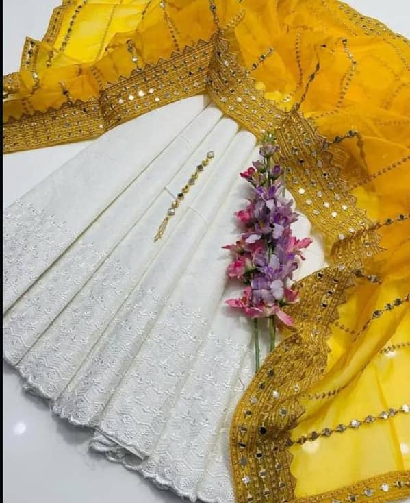 Lawn Chicken Kari 3 Piece Unstitched Suit – White Shirt & Trouser with Tissue Panni Embroidered Dupatta | Party & Festive Wear – Without Neckline – Nooremadina – Customized