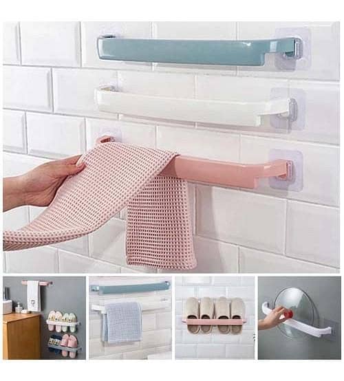 Wall Mounted Self-Adhesive Towel Holder Rack - Bathroom Organizer Towel Bar Shelf with Hooks