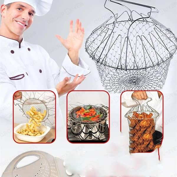 12-In-1 Kitchen Tool Chef Basket Folding Chef Basket Multifunctional Steam Rinse Tension Magic Mesh Basket Strainer