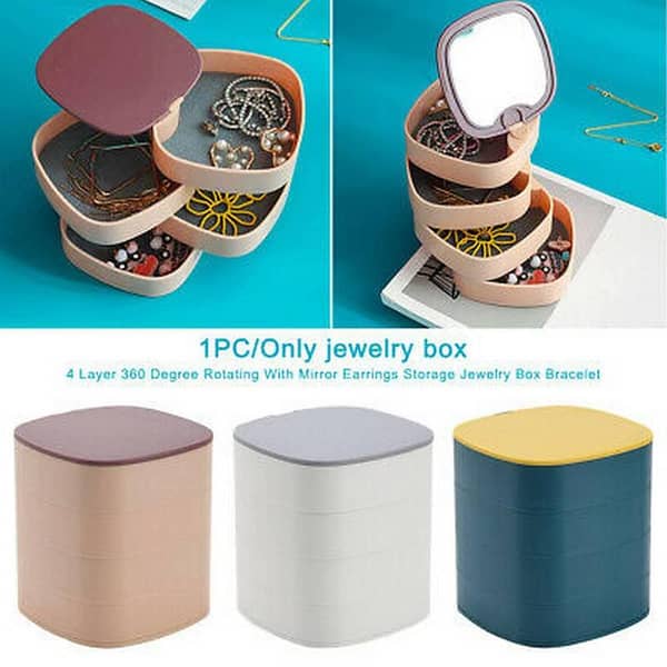 4-Layer Jewelry Organizer Box with Mirror for Rotating Earrings and Rings Storage
