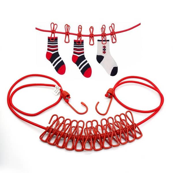 Adjustable Portable Drying Rope with 12 Clips and 2 Hooks for Travel Clothesline