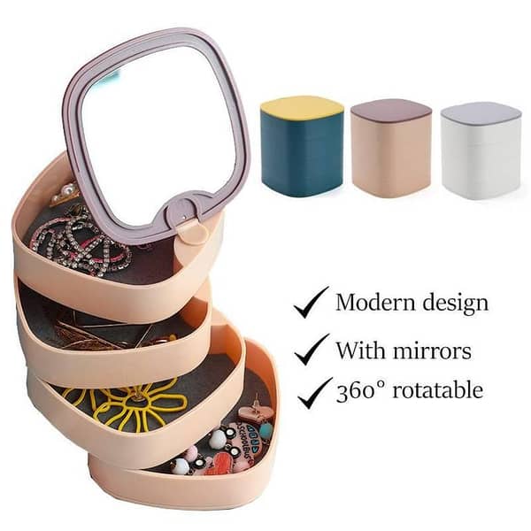 360-Degree Rotary 4-Layer Jewelry Storage Box Organizer with Mirror Lid